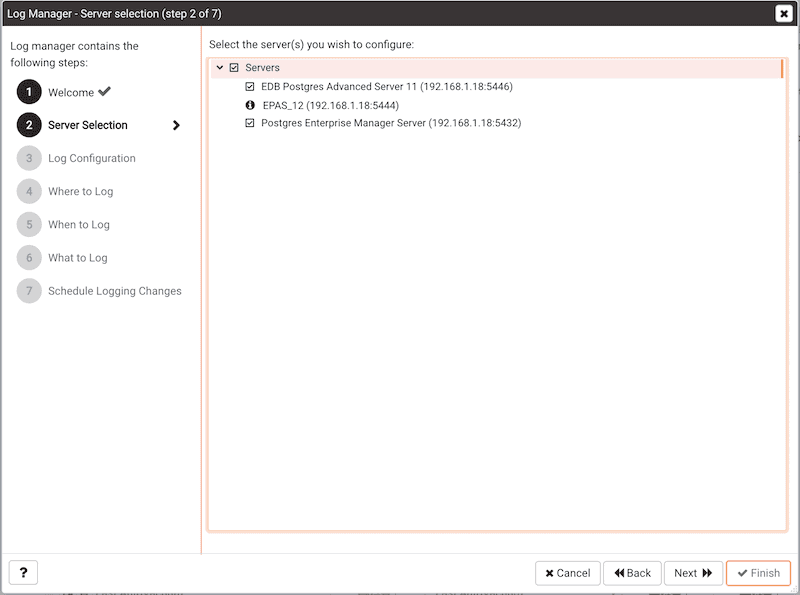 Log Manager wizard - Server Selection page