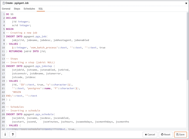 Create pgAgent Job dialog - SQL tab